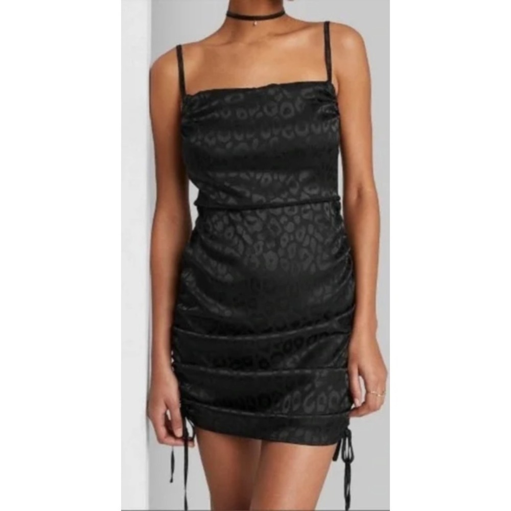 Wild Fable Black Mini Dress Leopard Print Ruched Drawstring Bodycon XS